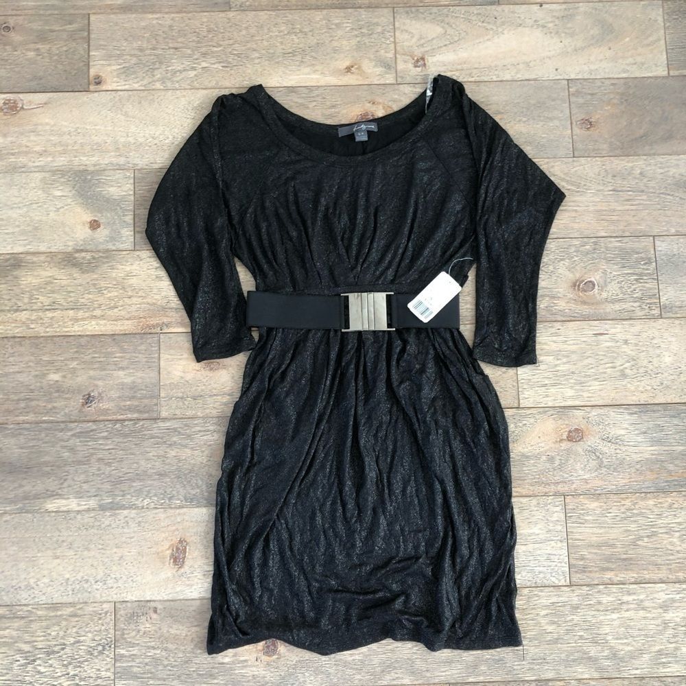 Black Shimmer Belted Scoop Neck Mini Dress S